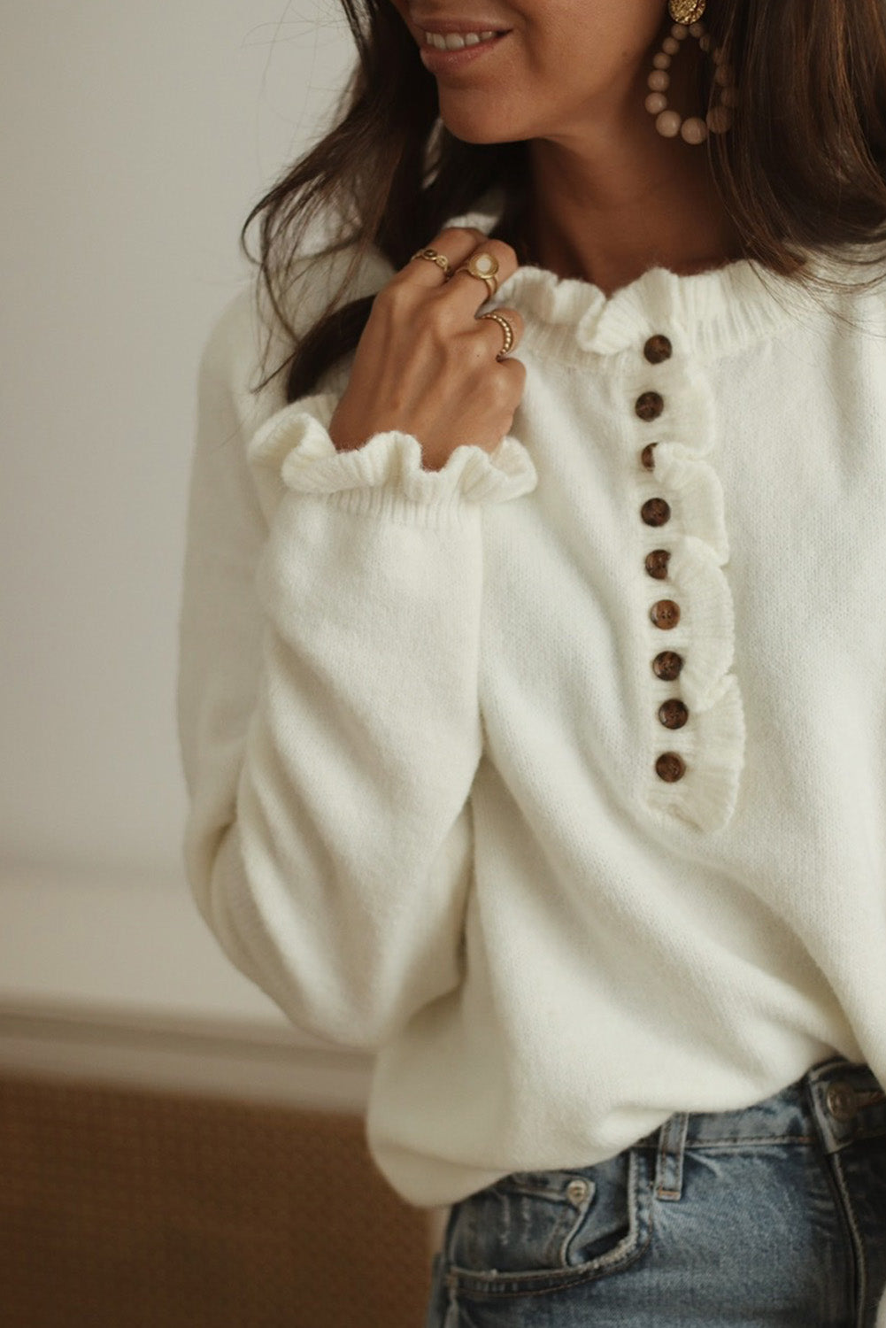 Beige Frill Trim Buttoned Knit Pullover Sweater