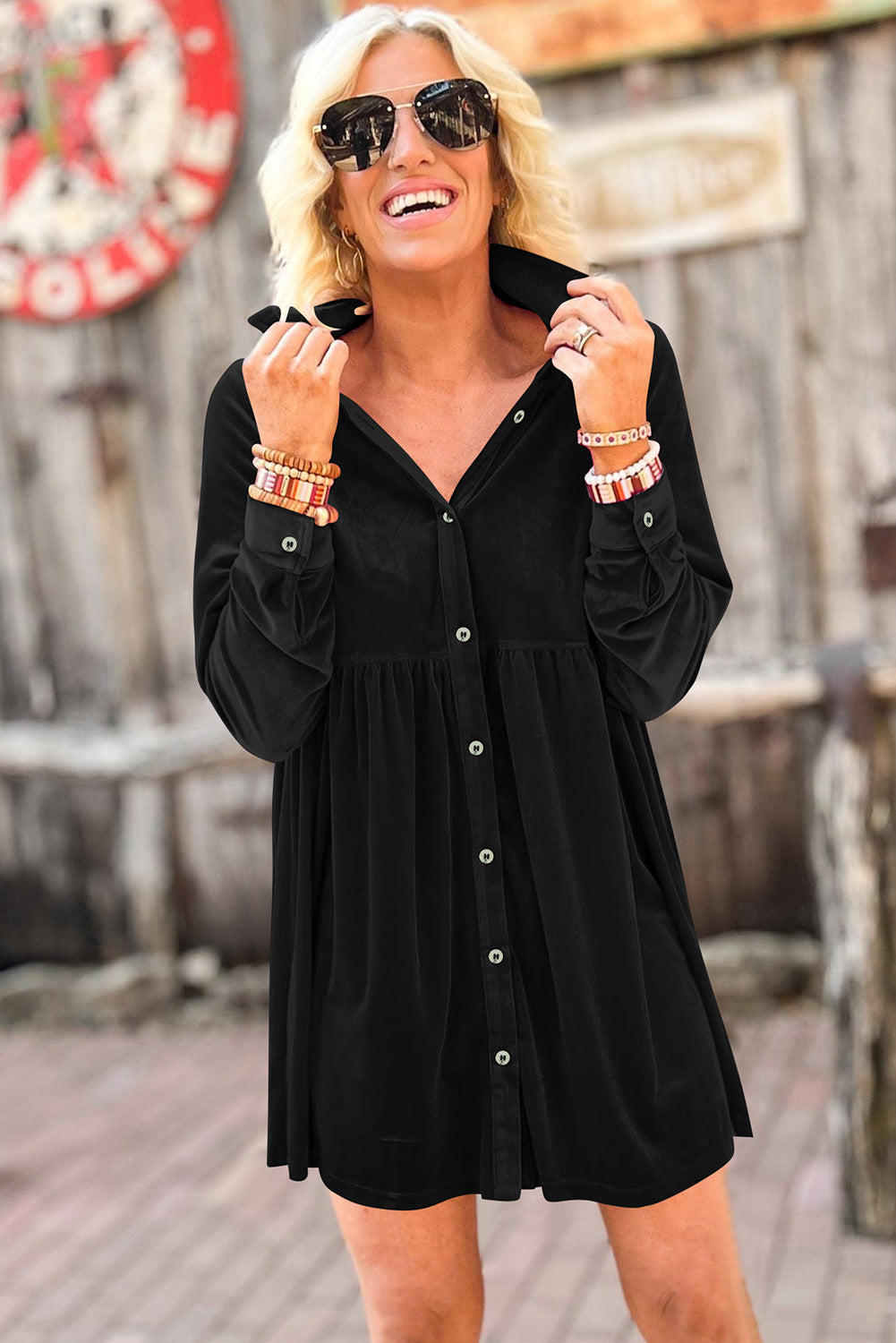 Black Long Sleeve Ruffle Velvet Button Up Dress