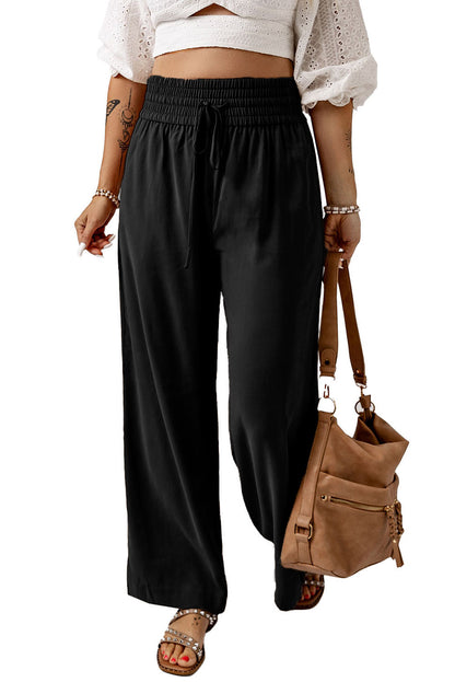 Blue Drawstring Elastic Waist Casual Wide Leg Pants