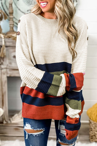 White Buttoned Shoulder Drop Shoulder Striped Sweater