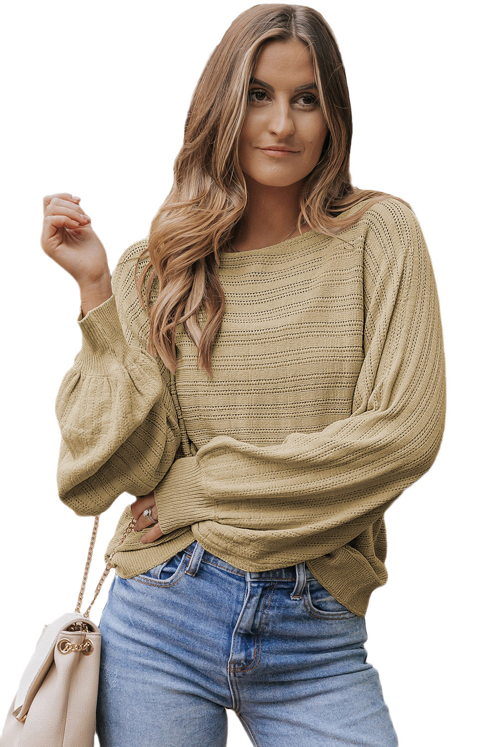 Apricot Lantern Sleeve Eyelets Textured Knit Sweater