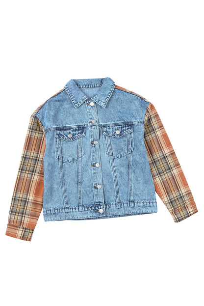 Sky Blue Medium Wash Plaid Sleeves Denim Jacket