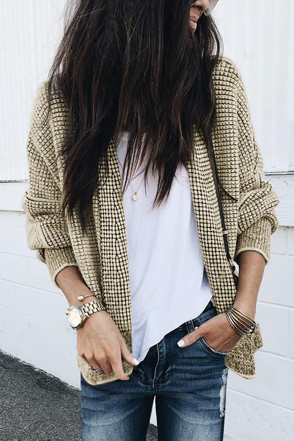 Rose Plaid Knitted Long Open Front Cardigan