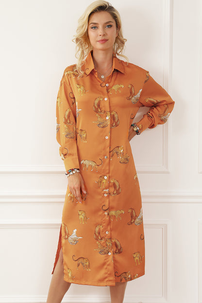 Mustard Cheetah Print Button-Up Split Shirt Dress