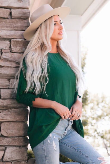 Green Crinkle Texture Puff Sleeve Plus Size Top