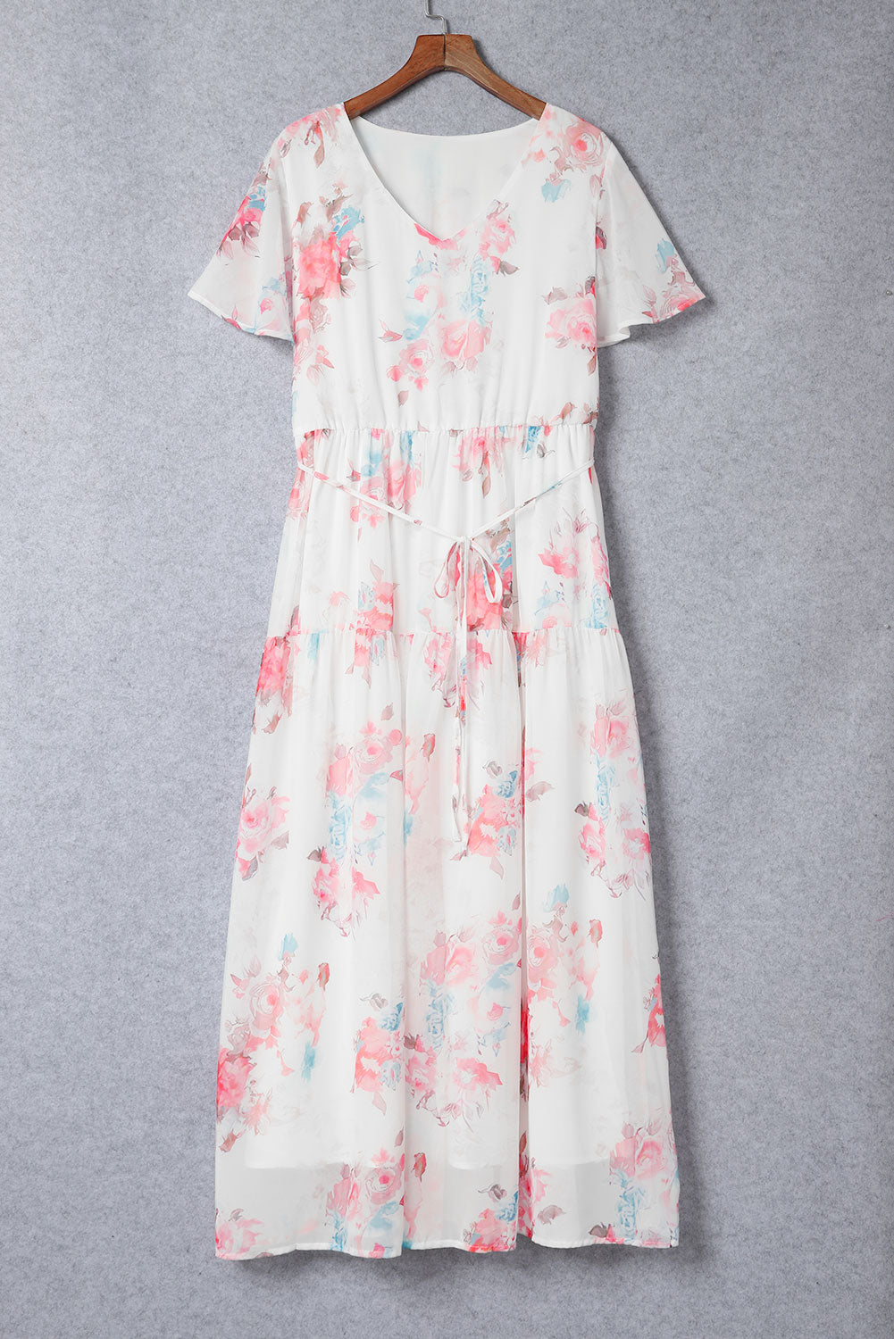 White Floral Print Lace-up High Waist Plus Size Maxi Dress