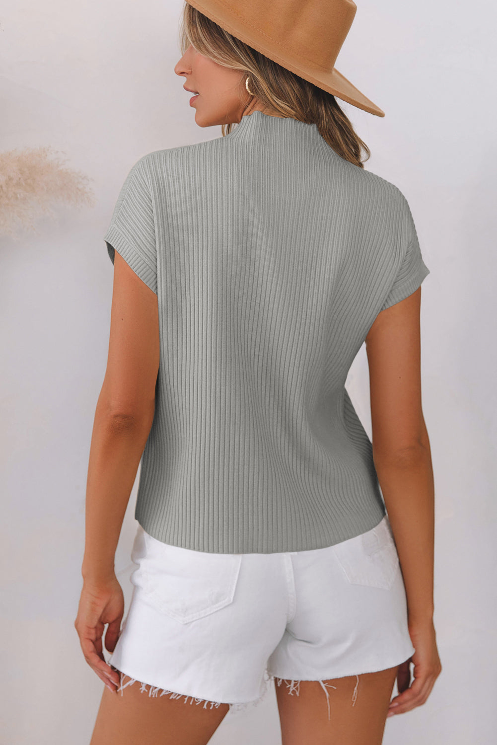 Gold Flame Patch Pocket Ribbed Knit Short Sleeve Sweater