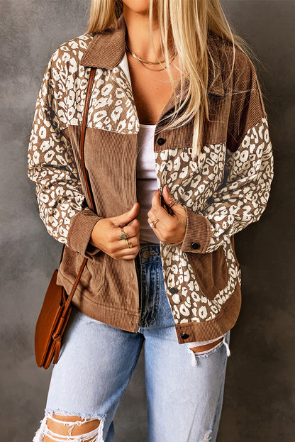 White Leopard Print Corduroy Long Sleeve Jacket