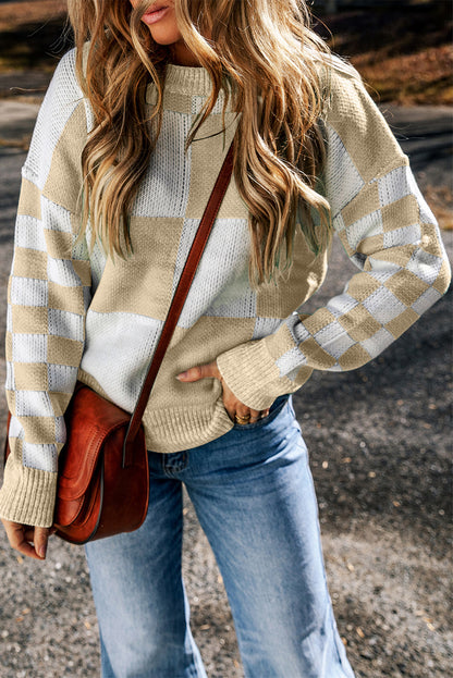 Mint Green Checkered Print Drop Shoulder Sweater