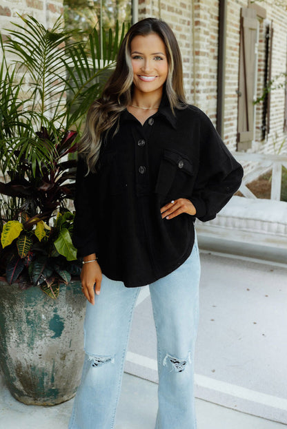 Red Polo Collar Buttoned Patchy Top with Pockets