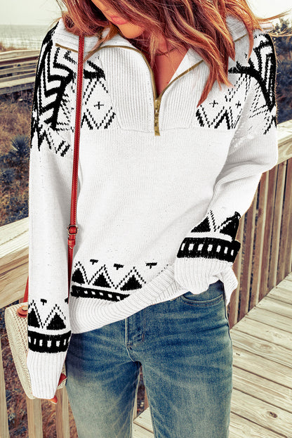 White Geometry Knit Quarter Zip Sweater