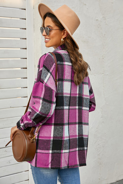 Red Plaid Print Buttoned Shirt Jacket