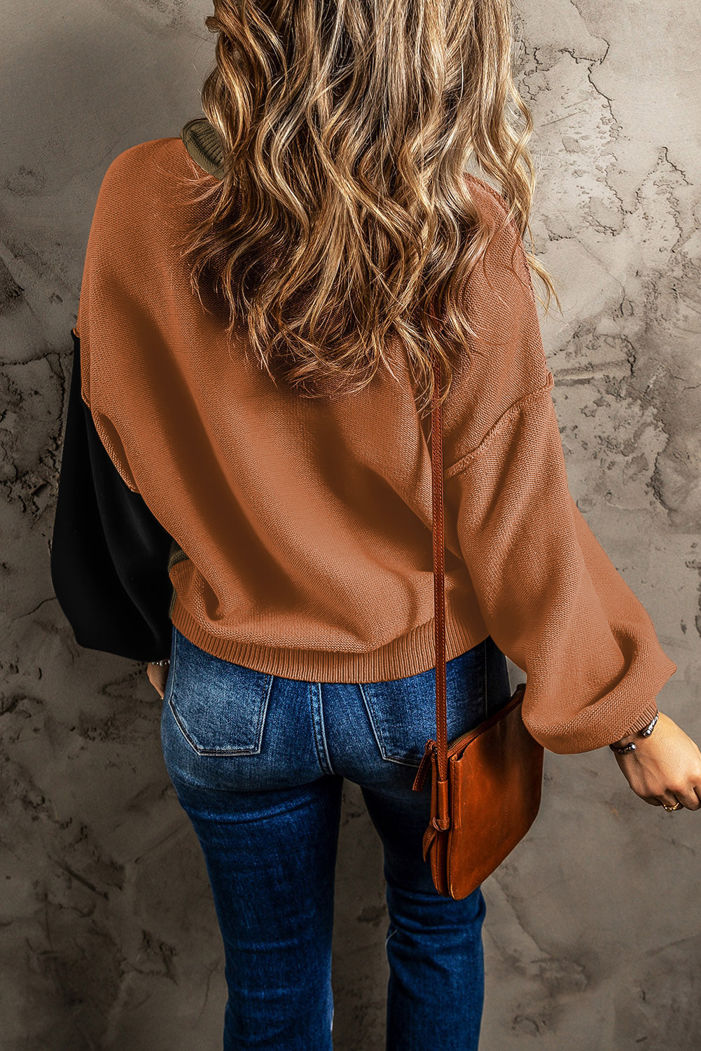 Chicory Coffee Contrast Color Exposed Seam Drop Shoulder Sweater