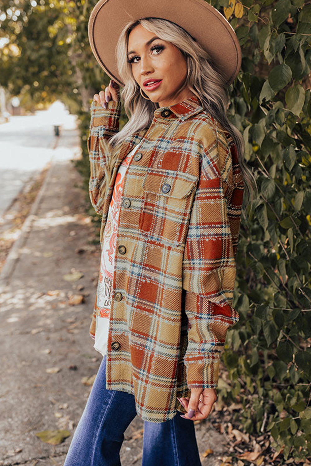 Red Oversized Flap Pockets Plaid Shacket with Slits