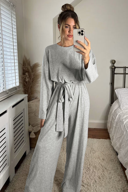 Gray Ribbed Knit Belted Wide Leg Jumpsuit