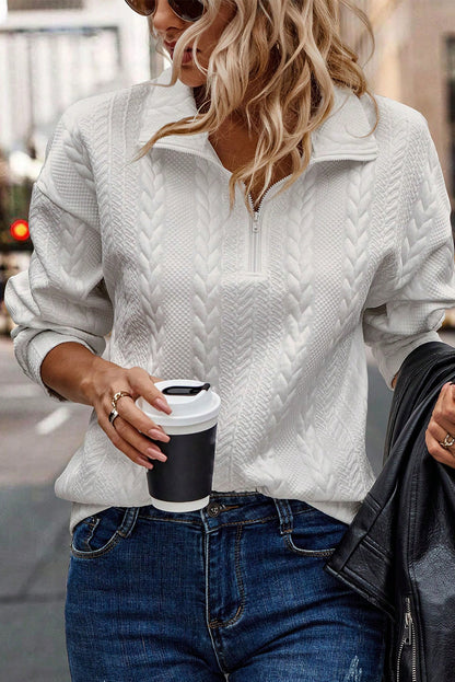 White Zip up Cable Textured Sweatshirt