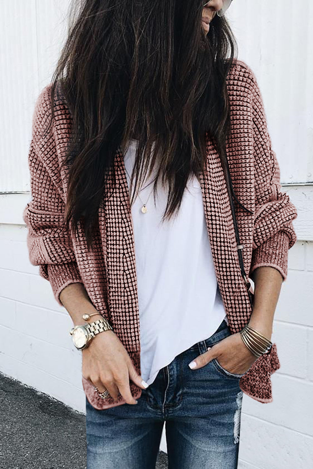 Rose Plaid Knitted Long Open Front Cardigan