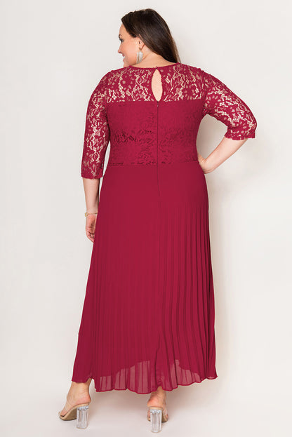 Red Lace Scalloped V Neck 3/4 Sleeves Pleated Tulle Plus Maxi Dress