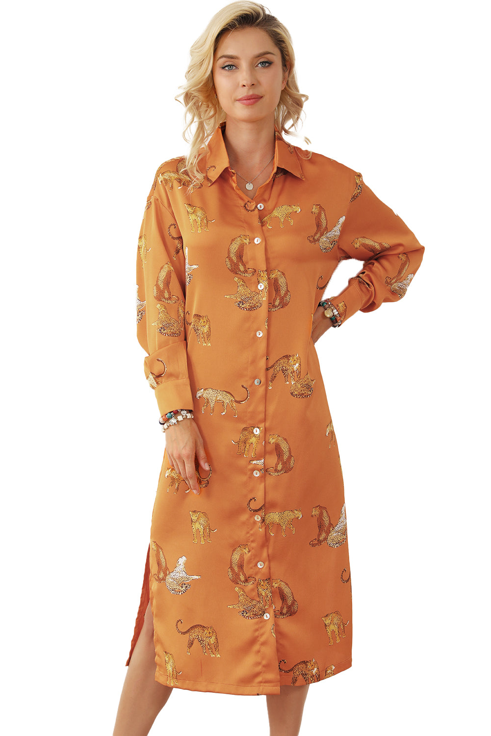 Mustard Cheetah Print Button-Up Split Shirt Dress