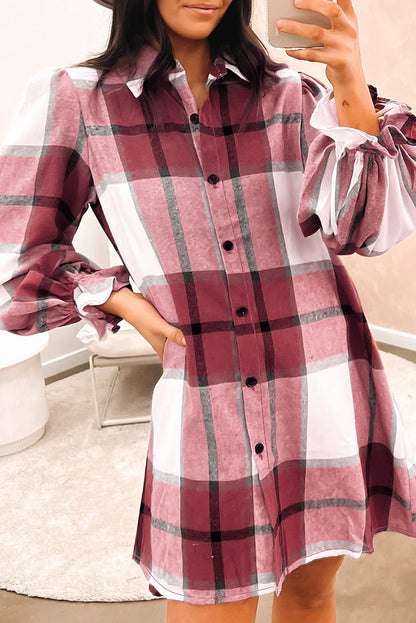 Khaki Plaid Pattern Collared Neck Ruffled Sleeve Shirt Dress