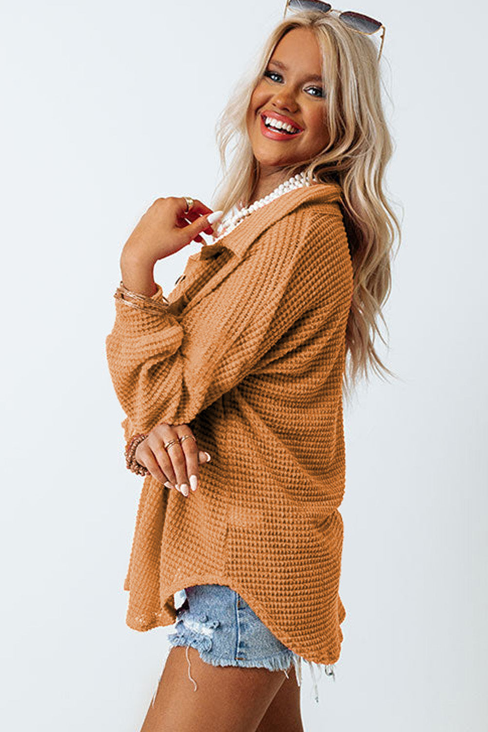 Khaki Waffle Knit Button Up Casual Shirt