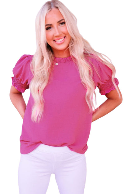 Rose Solid Color Smocked Puff Sleeve Blouse