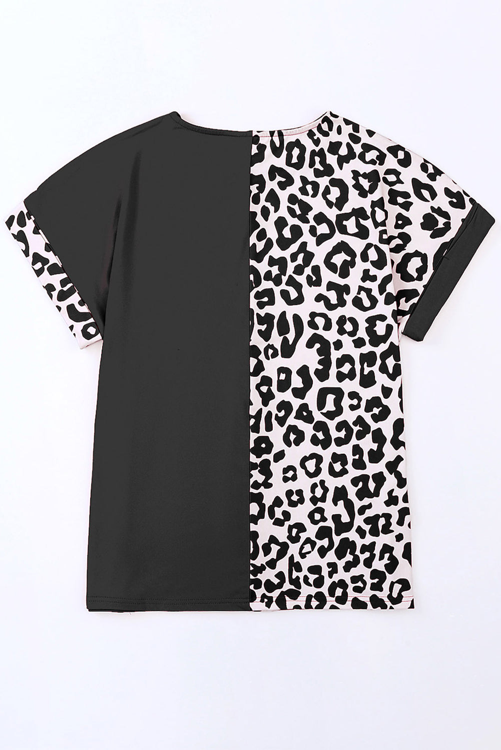 Black Contrast Solid Leopard Short Sleeve T-shirt Dress with Slits