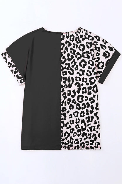 Black Contrast Solid Leopard Short Sleeve T-shirt Dress with Slits