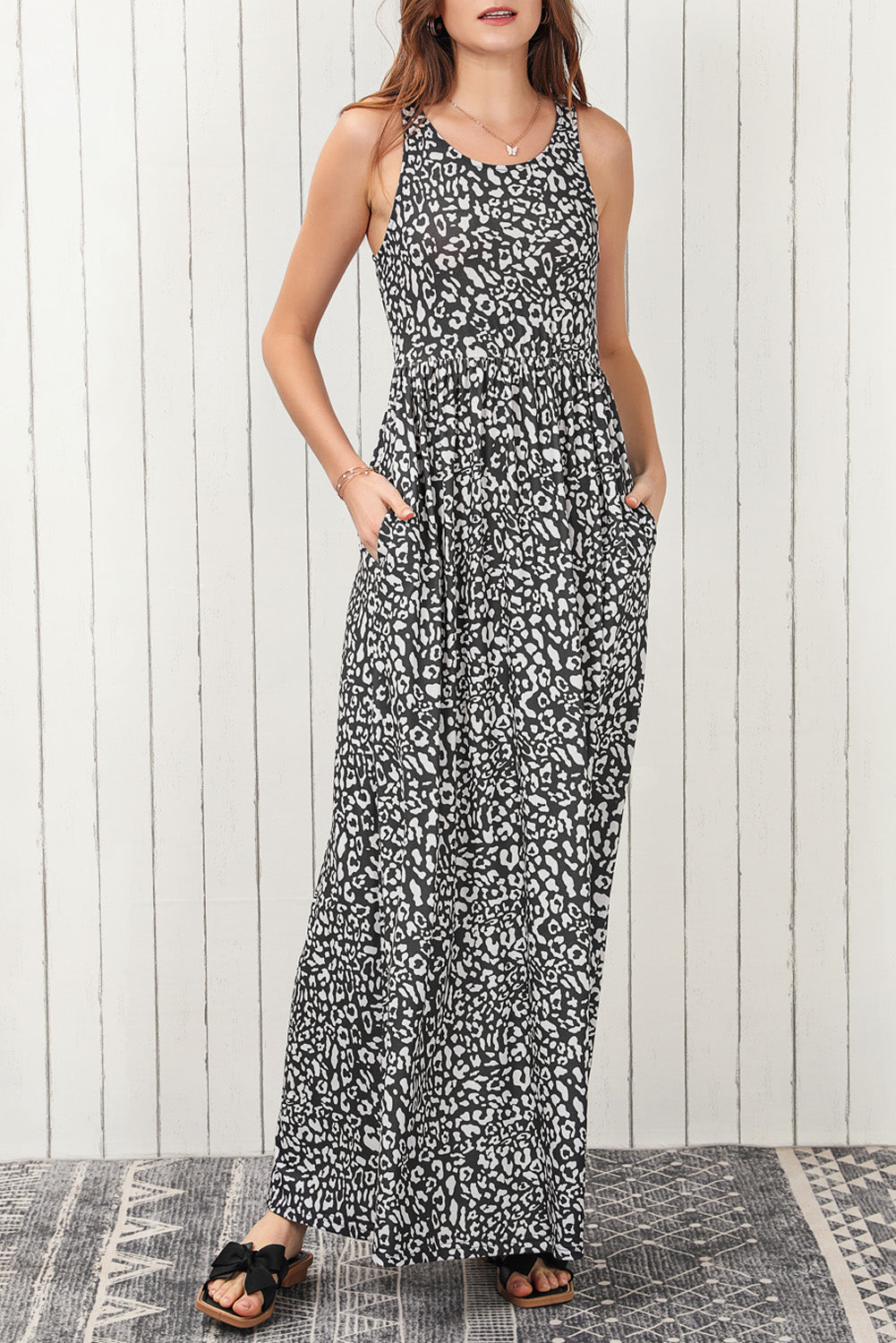 Leopard Animal Print Long Sleeve Empire Waist Maxi Dress