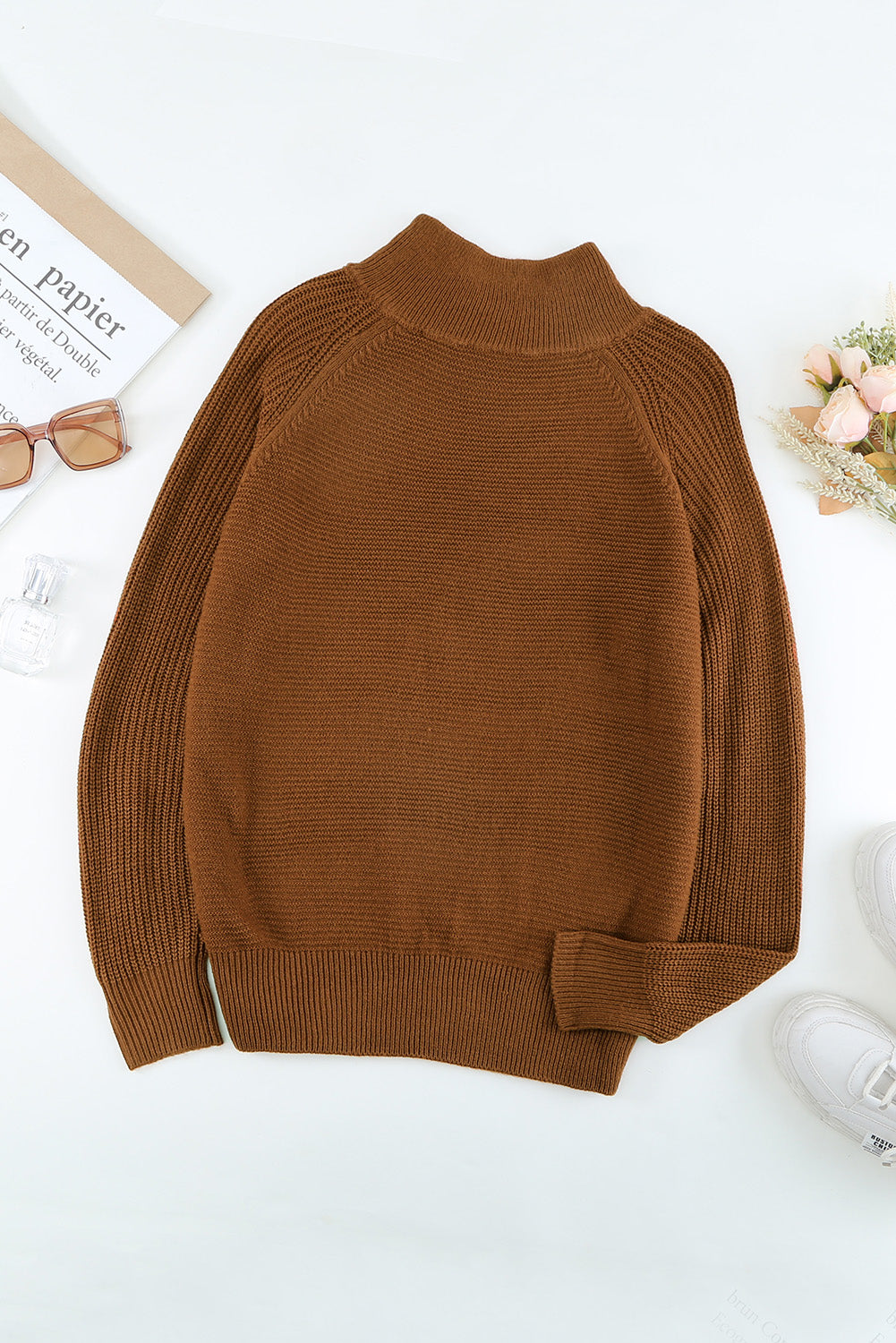 Brown Zip Knitted High Neck Sweater