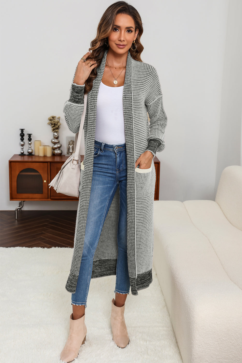 Rose Plaid Knitted Long Open Front Cardigan