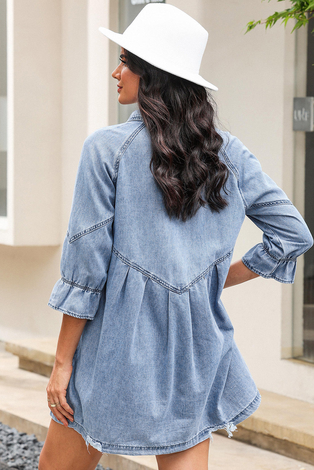 Sky Blue Buttoned Long Sleeve Denim Mini Dress