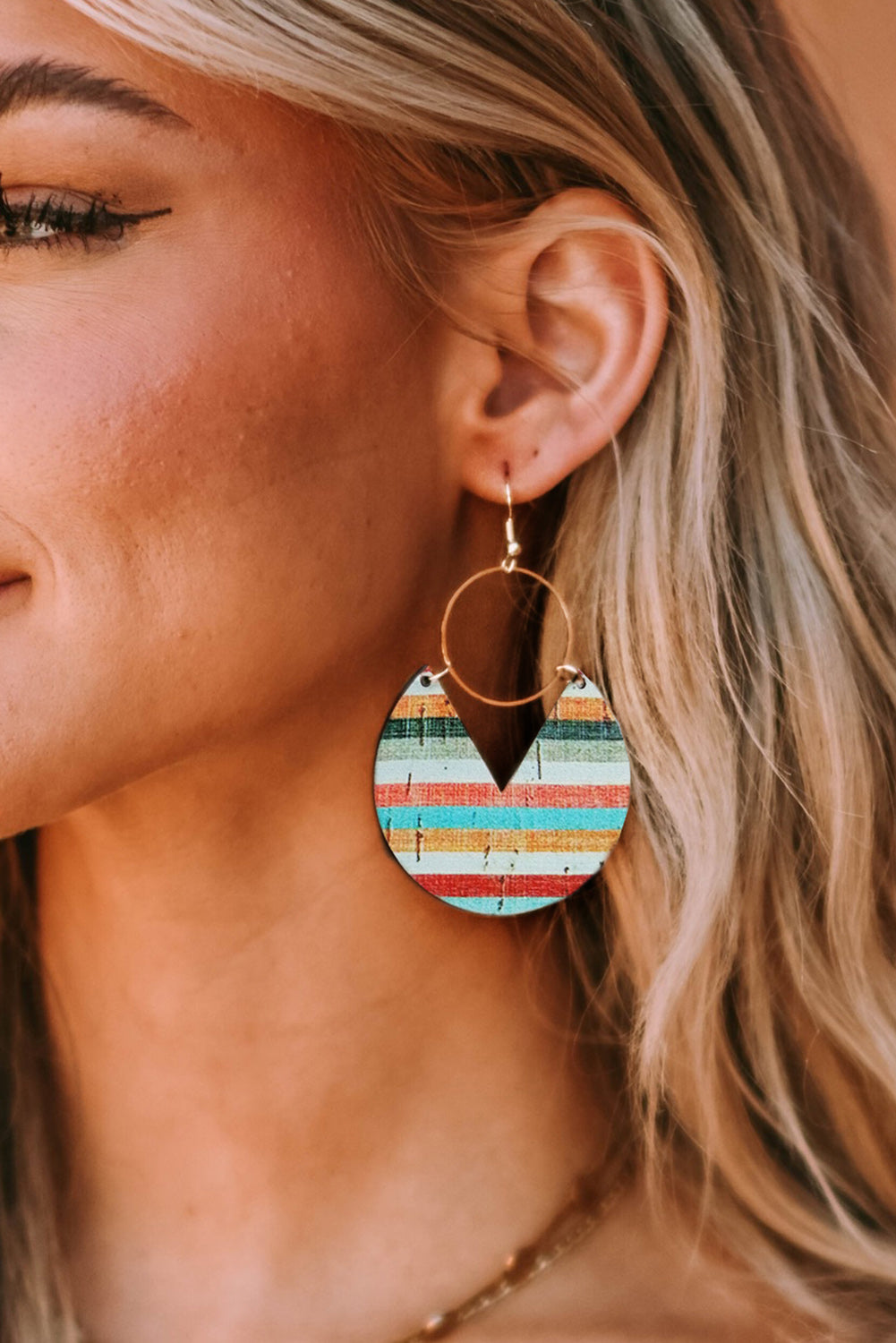 Multicolor Boho Striped Print Wood Drop Earrings