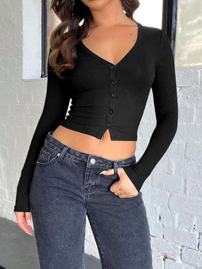 Buttoned V-Neck Long Sleeve T-Shirt