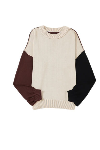 Chicory Coffee Contrast Color Exposed Seam Drop Shoulder Sweater