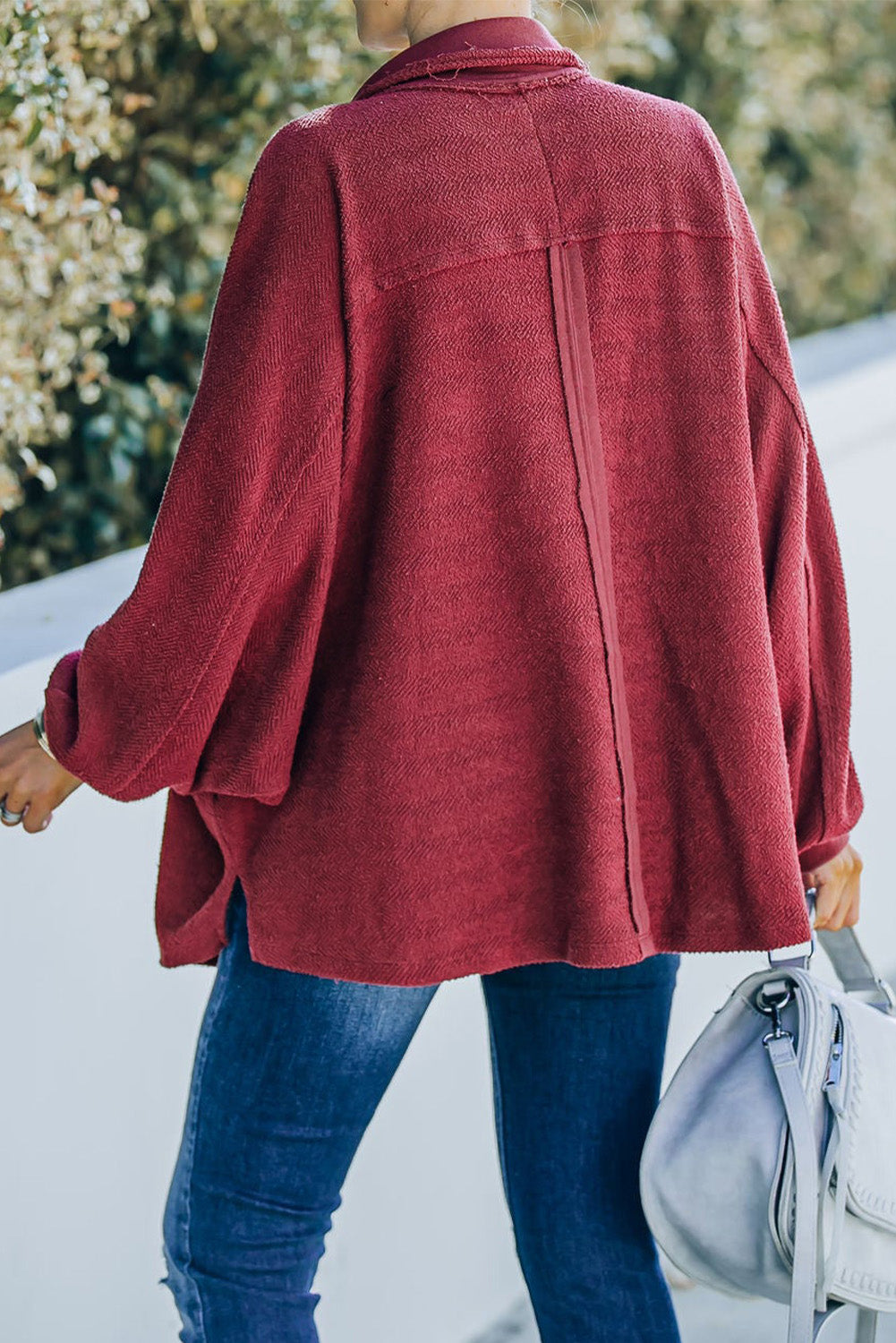 Red Polo Collar Buttoned Patchy Top with Pockets