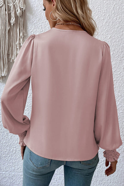 Pink Solid Surplice Neck Shirred Cuffs Draped Blouse