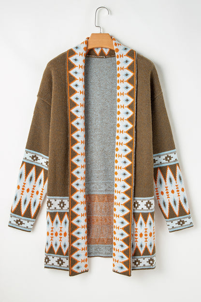 Blue Aztec Print Open Front Knitted Cardigan