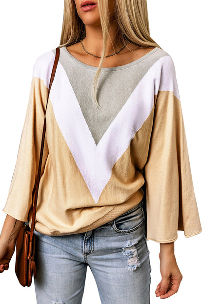 Apricot 3/4 Sleeve Chevron Color Block Sweater