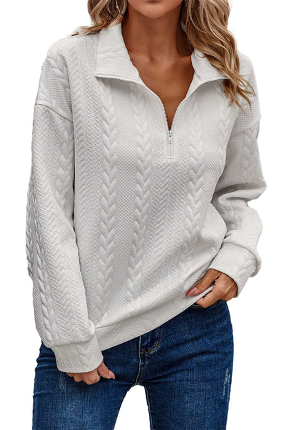 White Zip up Cable Textured Sweatshirt