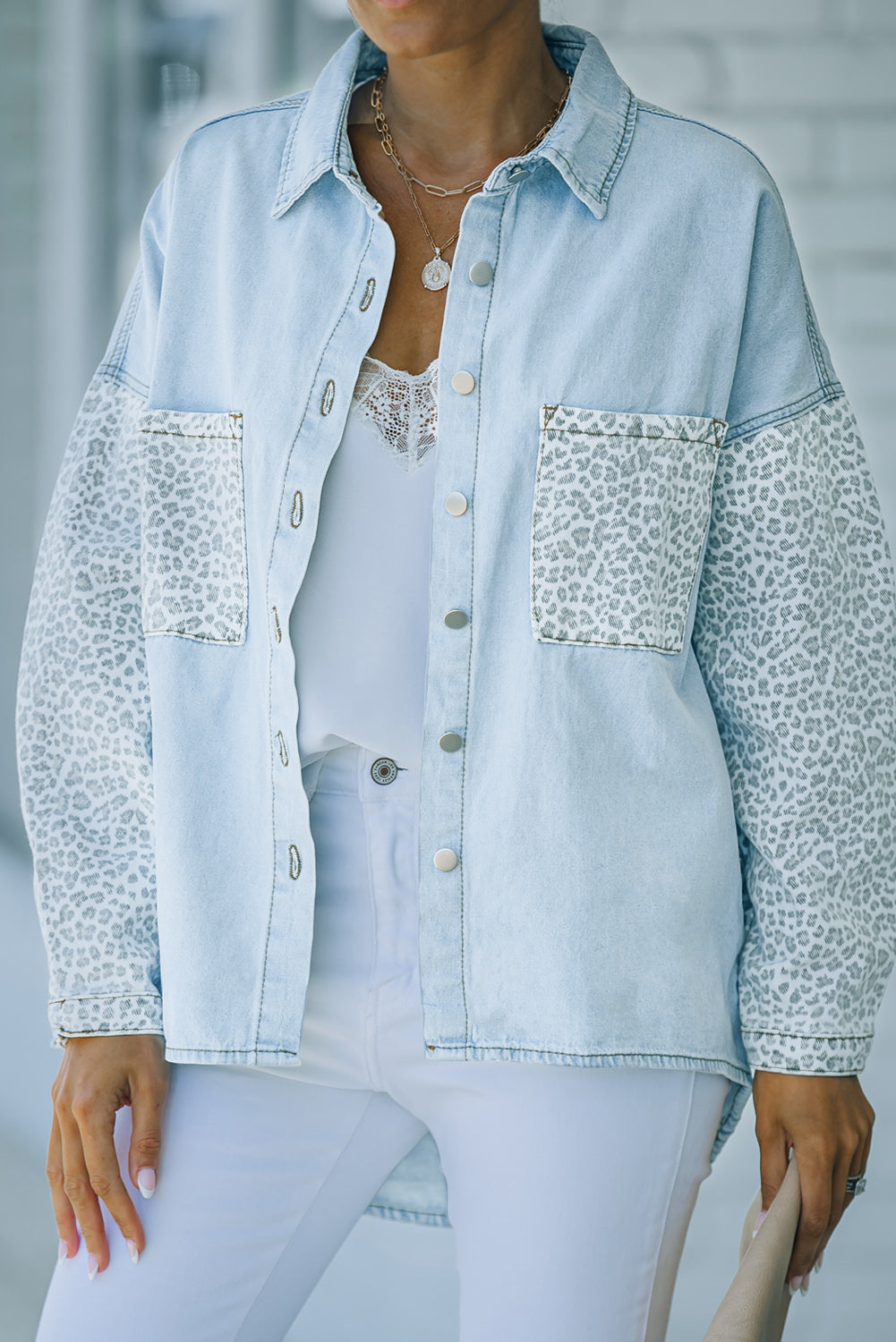 Sky Blue Contrast Leopard Denim Jacket