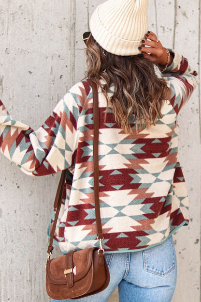 Red Western Aztec Buttoned Zipper Pockets Fleece Jacket