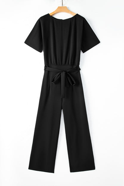 Red Belted Wide Leg Jumpsuit