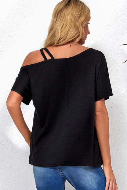 Rose Asymmetric Criss Cross One Shoulder T Shirt