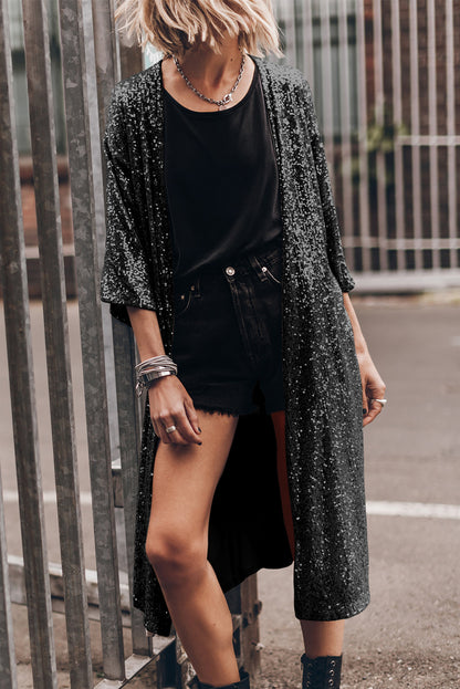 Apricot Sequin 3/4 Sleeve Open Front Duster Kimono