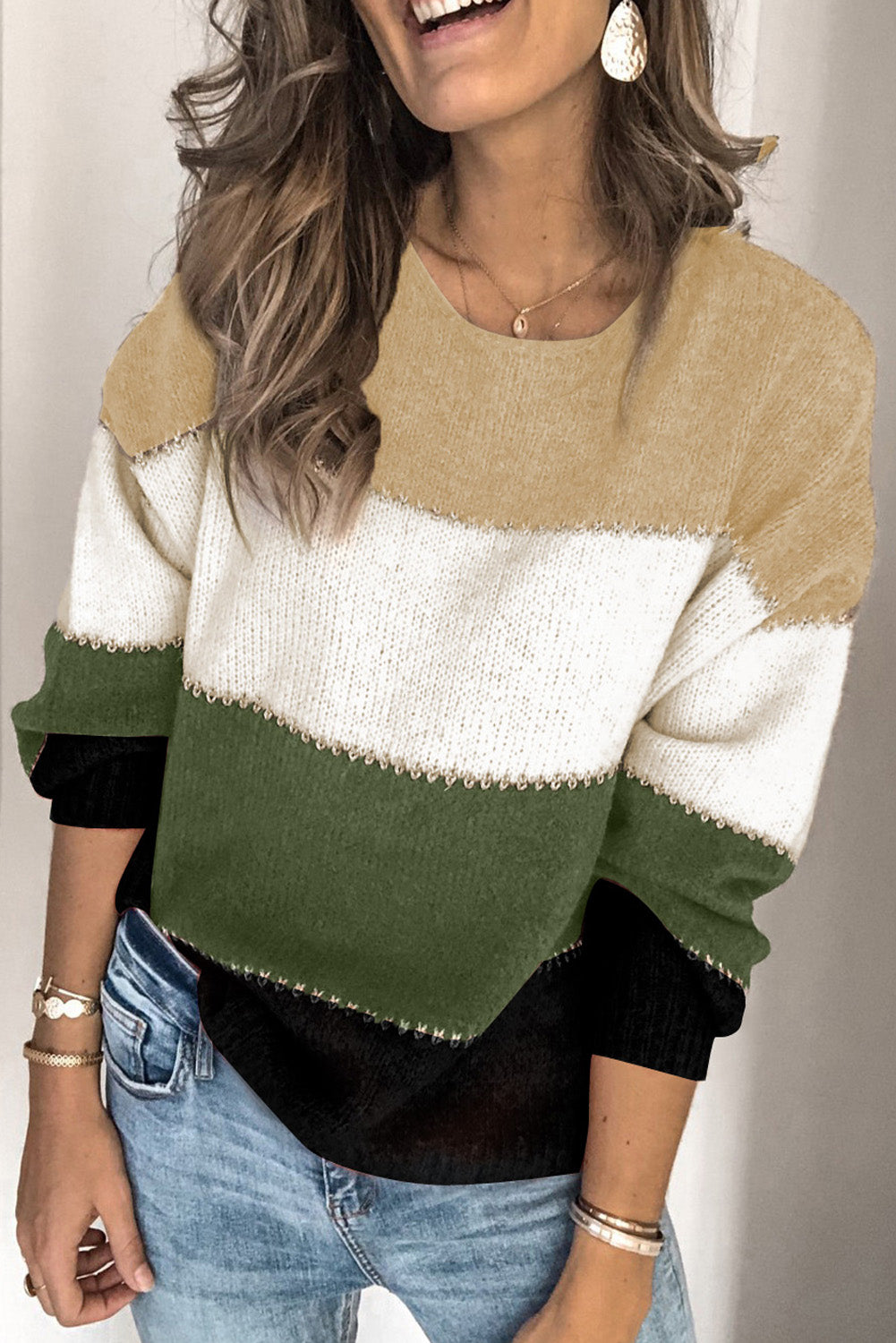 Green Pullover Colorblock Sweater