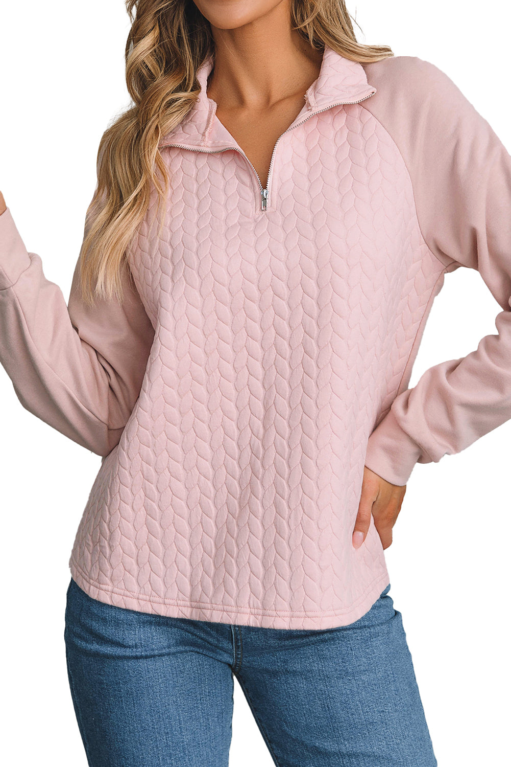 Pale Chestnut Side Buttons Cable Textured Sweatshirt