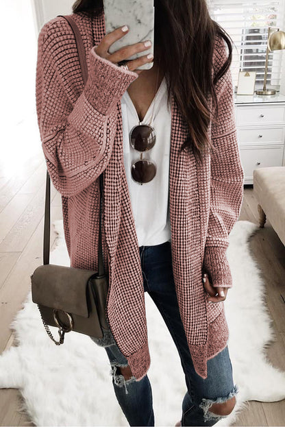 Rose Plaid Knitted Long Open Front Cardigan