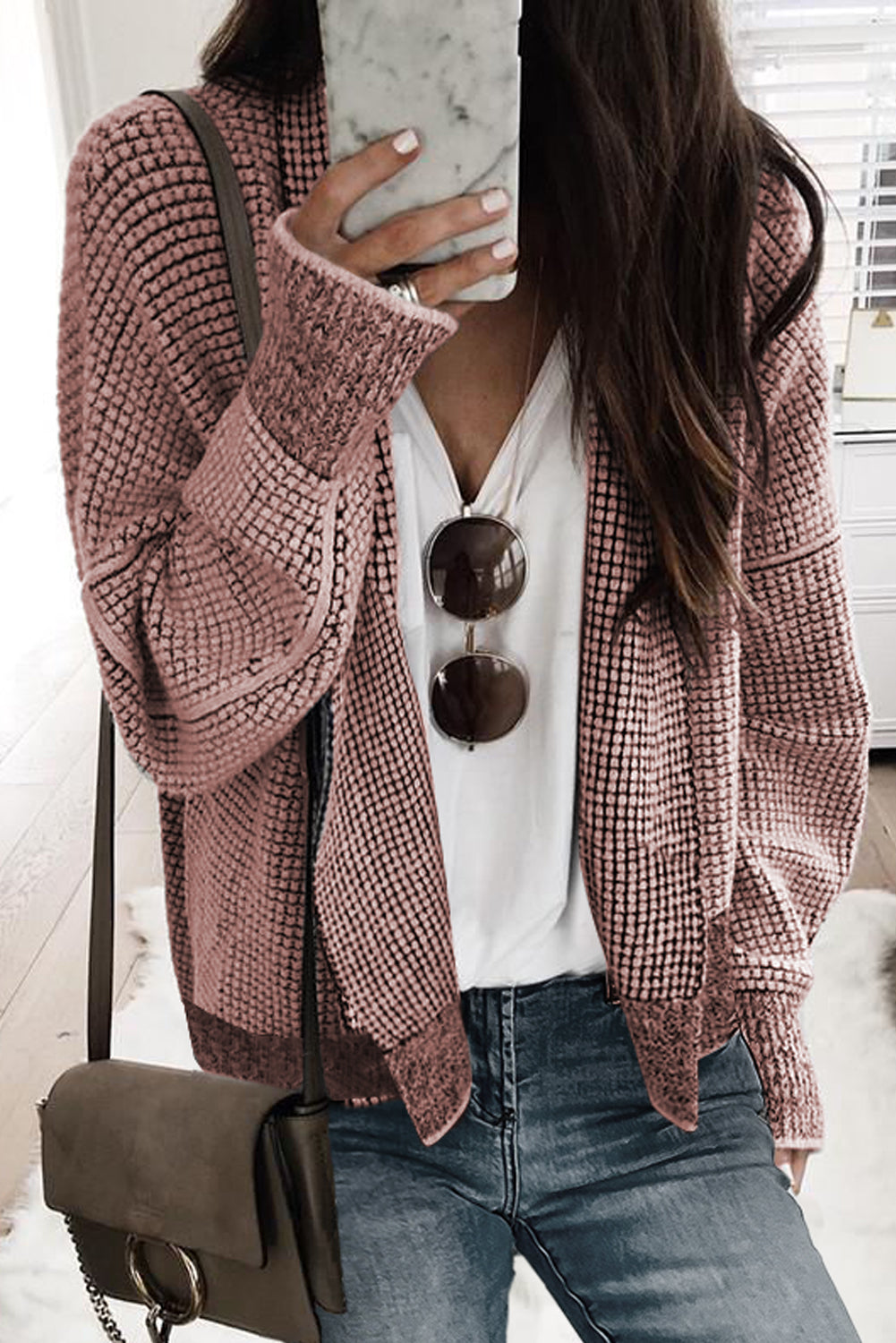 Rose Plaid Knitted Long Open Front Cardigan