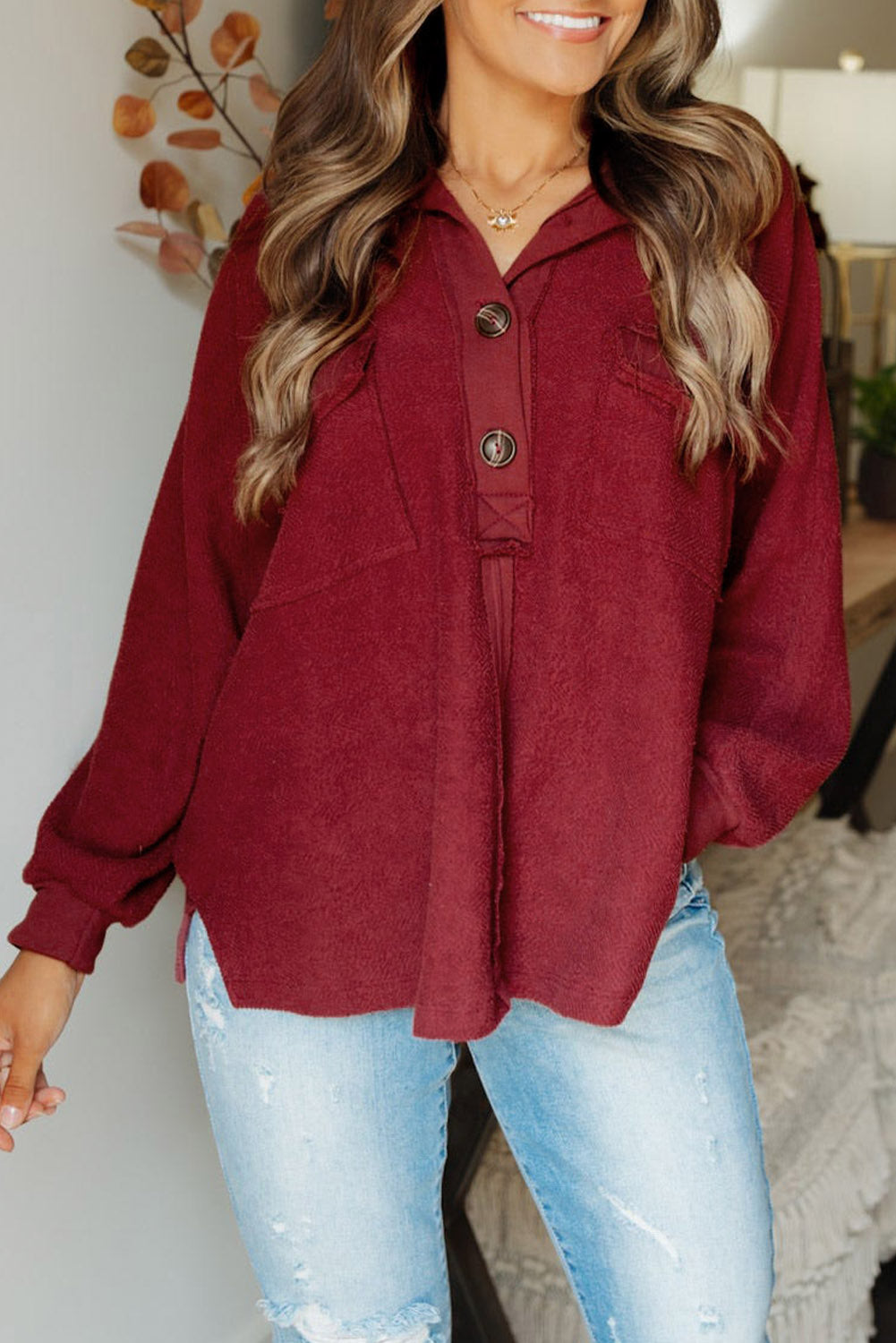 Red Polo Collar Buttoned Patchy Top with Pockets